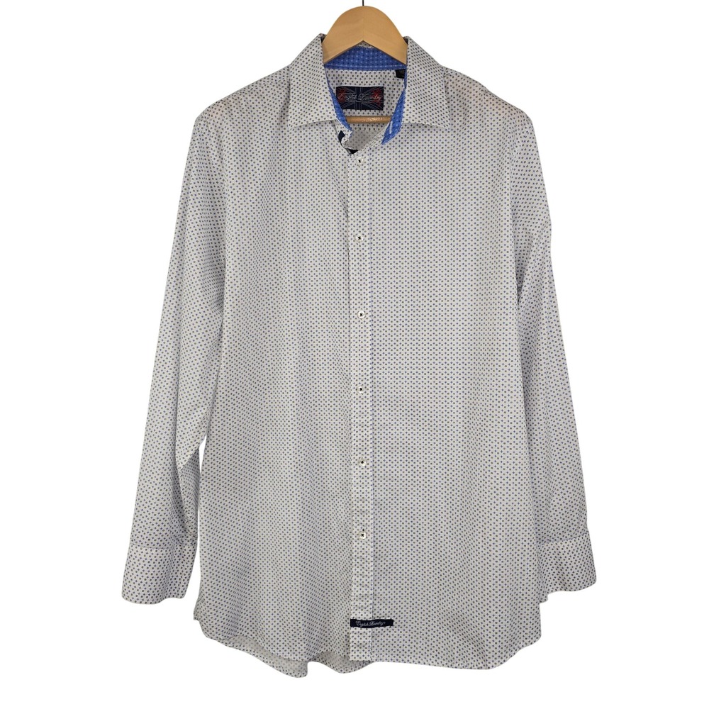 English Laundry Men's Dress Shirt Geometric Flip Cuff Cotton White Blue 18 36/37